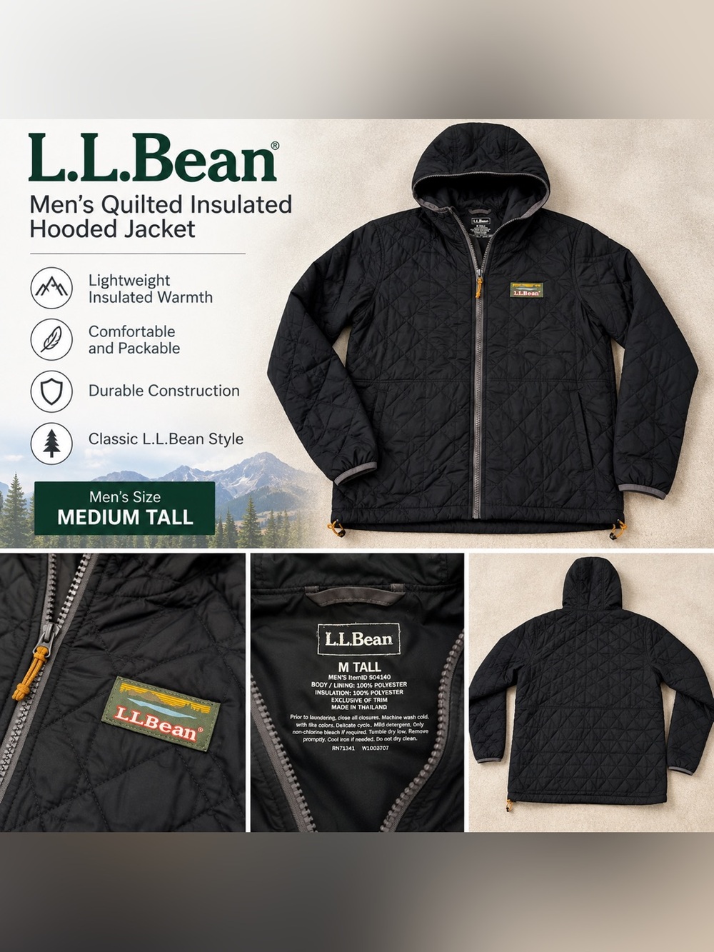 L.L.Bean Men's Quilted Insulated Hooded Jacket Black Medium Tall